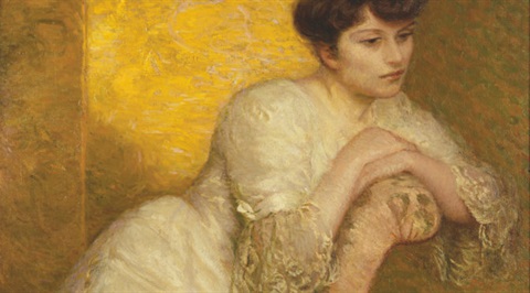 A woman in white sitting on a chair, depicted in a painting.