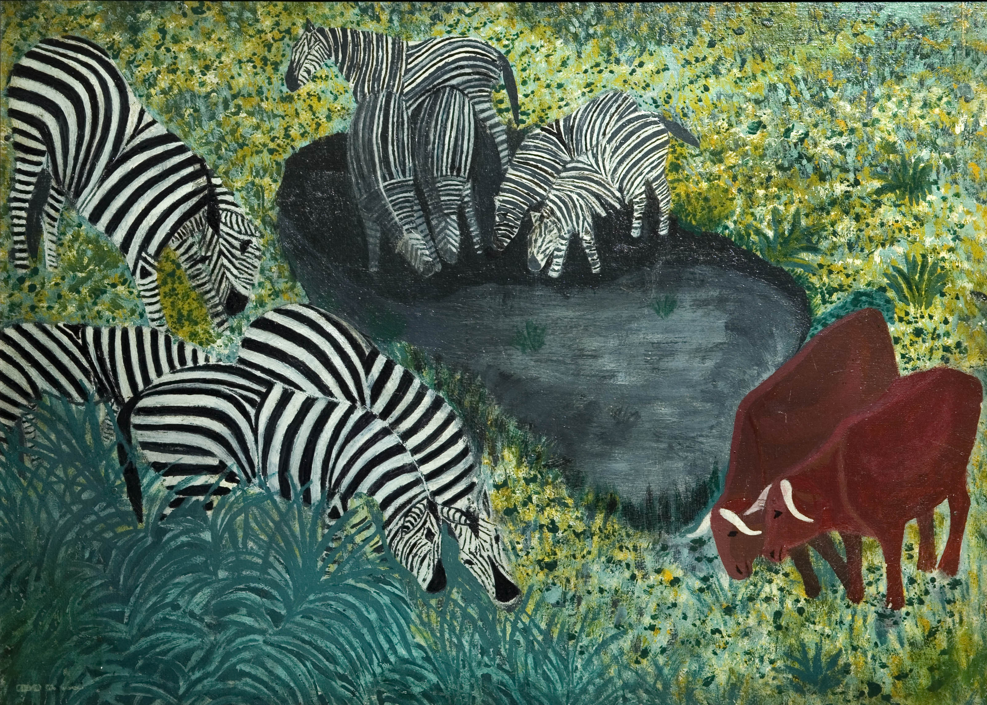 A Peaceable Kingdom painting featuring Zebra and Water Buffalo by artist Ellis Ruley