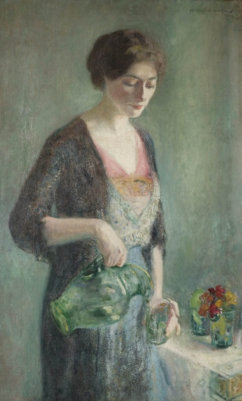 Woman with vase, pouring drink into glass.