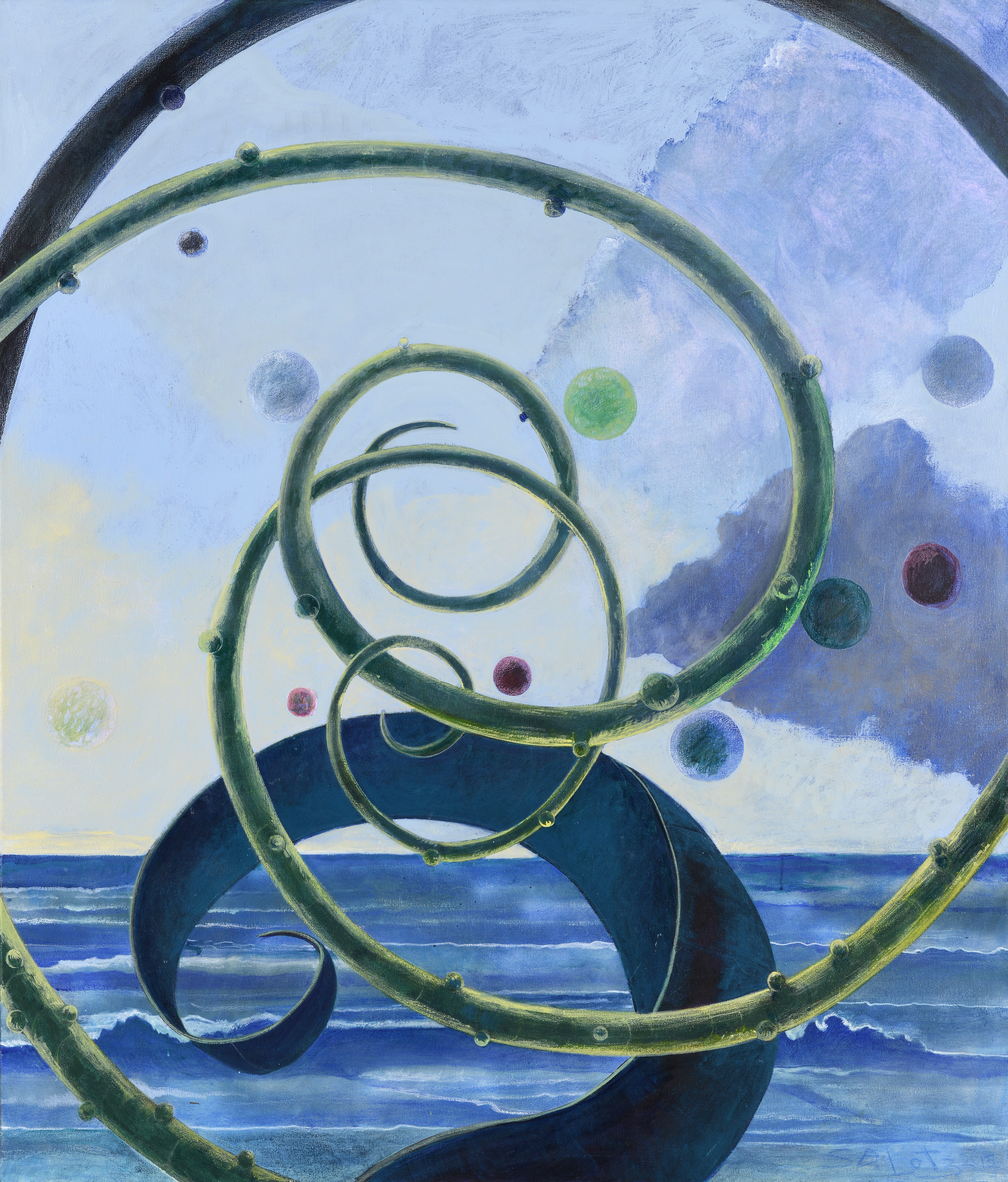 A painting of winding tendrils and colorful spores before a wavy beach by Steve Lotz