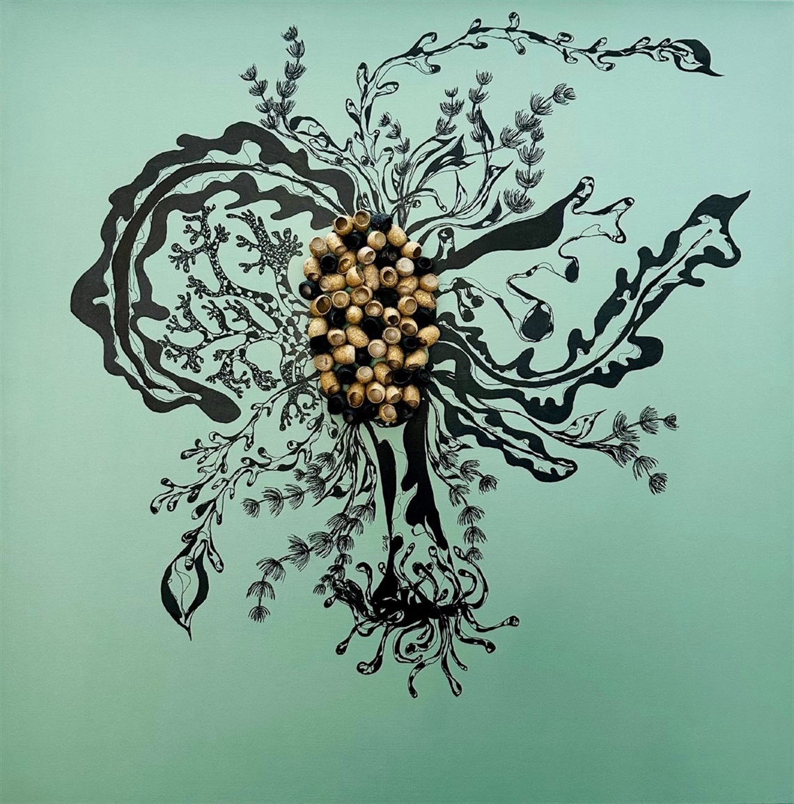 Oceanig Origins by Tasanee Durrett, a flowing organic form with silkworm coccons in th middle on a green background