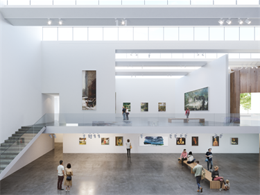 Rendering of the inside of an exhibit with visitors admiring displays and artwork