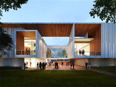 Rendering of outdoor area of the museum with visitors mingling at an event