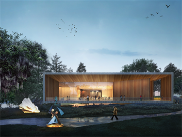 Rendering of the sculpture garden outside of the museum with visitors wandering the grounds and the inside exhibit