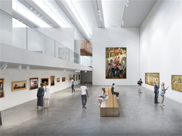 Rendering of the inside of an exhibit with visitors admiring the artwork