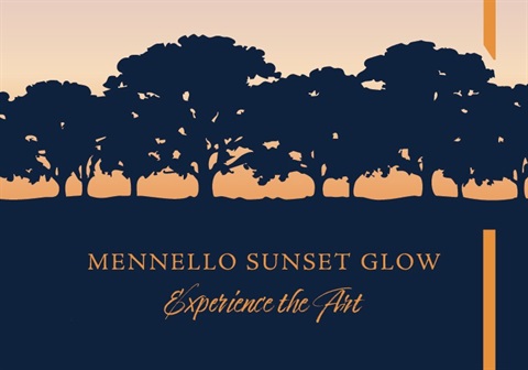 Graphic of a silhouette of dark blue trees in front of a sunset with 
