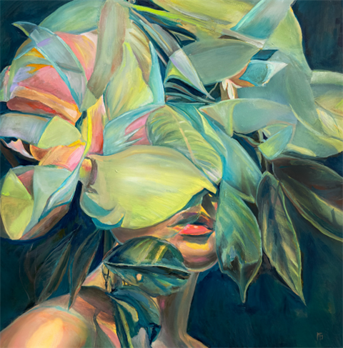 A painting of a woman with a floral arrangement covering her face