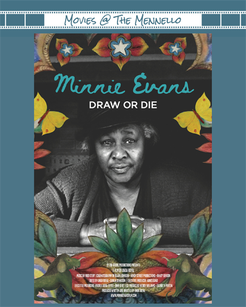 A movie poster with colorful drawings of plants, animals and butterflies framing a black and white photo of Minnie Evans