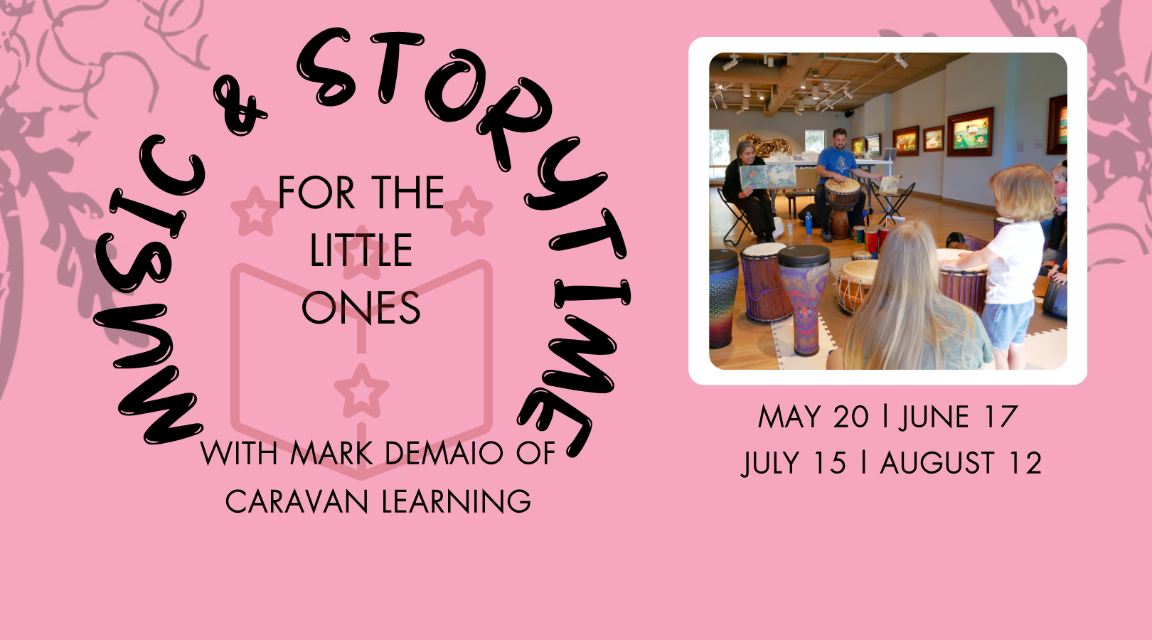 Kids and adults in an art gallery playing drums and reading a story