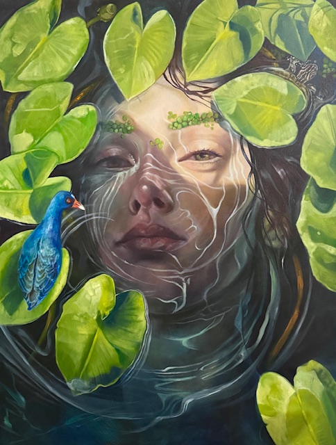 A surreal painting of a woman’s face partially submerged in dark water, surrounded by bright green lily pads, with delicate white lines across her skin and a vivid blue bird perched nearby.