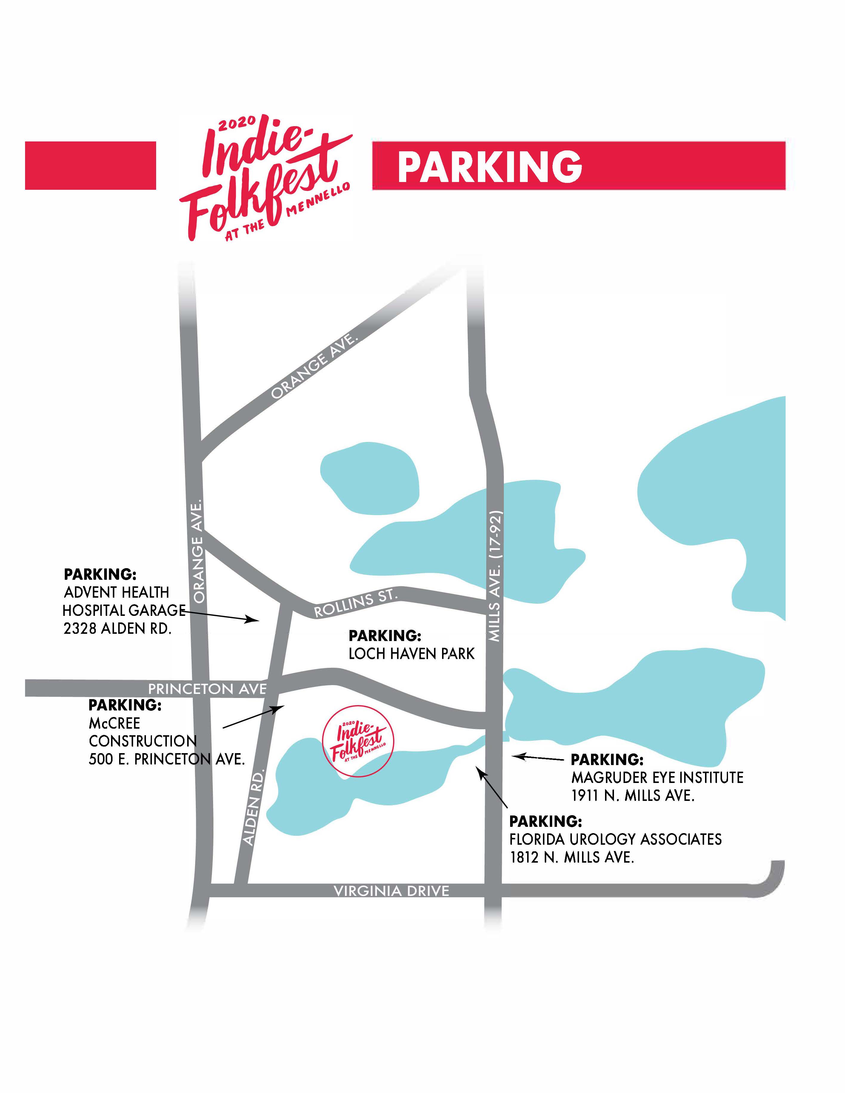 Map titled “2020 Indie Folkfest at the Mennello – Parking” showing nearby streets and parking locations around Loch Haven Park. Major roads labeled include Orange Ave., Princeton Ave., Rollins St., Alden Rd., Mills Ave. (17-92), and Virginia Drive. Parking options marked with arrows: Advent Health Hospital Garage (2328 Alden Rd.), McCree Construction (500 E. Princeton Ave.), Loch Haven Park, Magruder Eye Institute (1911 N. Mills Ave.), and Florida Urology Associates (1812 N. Mills Ave.). Blue shapes indicate lakes, and the festival location is marked near the center.